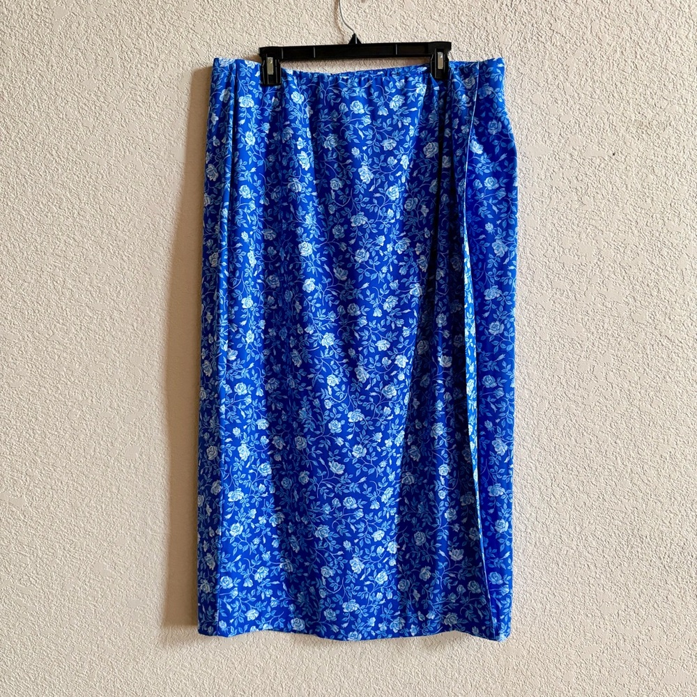 VTG Judith Hart Woman Size 16W Blue Floral Maxi Skirt Faux Wrap Summer Vacation
